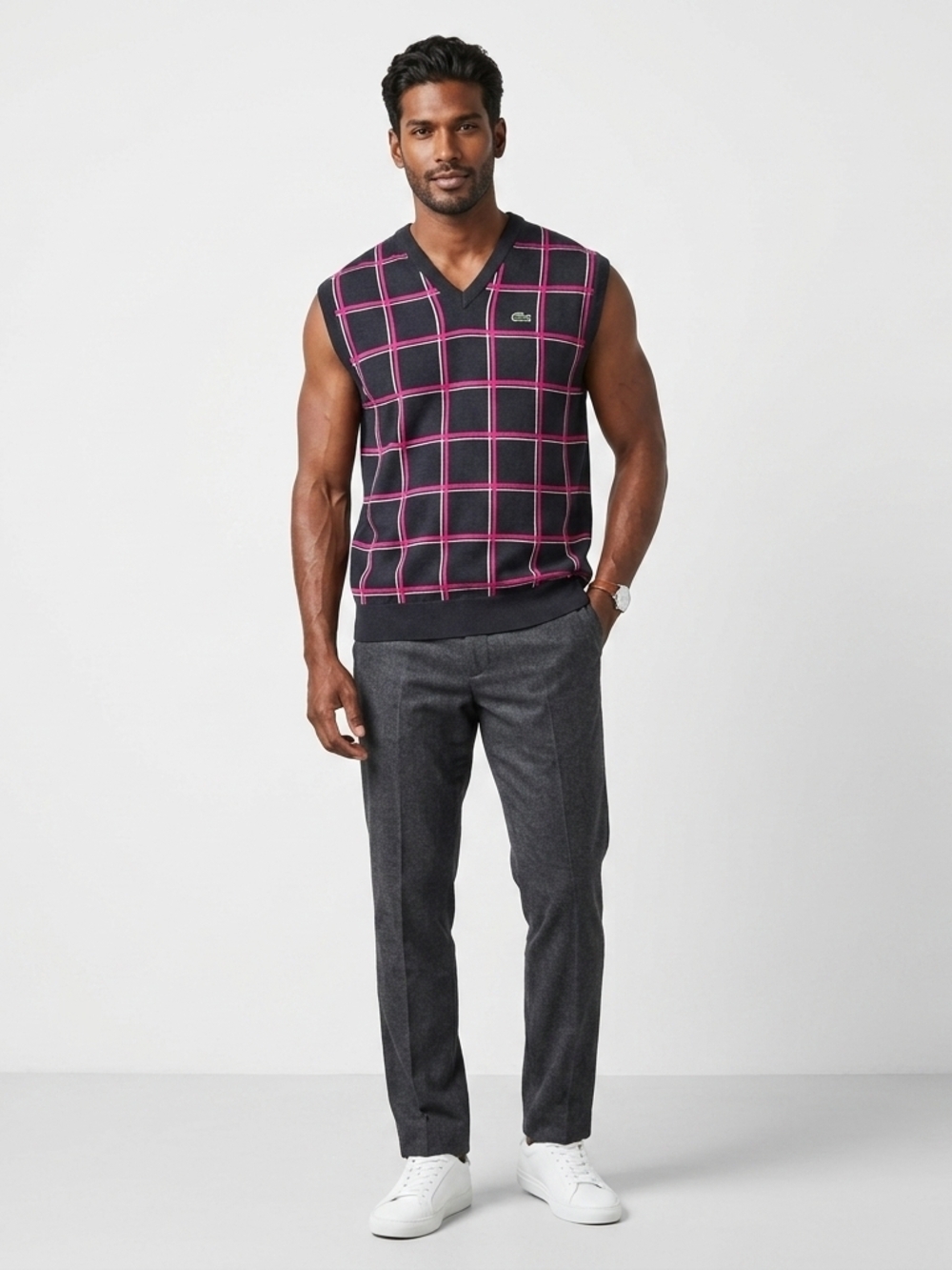 Lacoste Blue Knit Vest with Pink Windowpane  Size XL